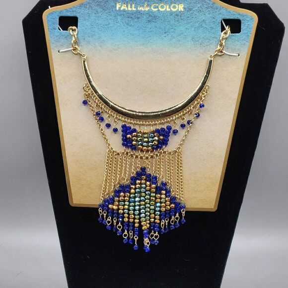 Feeling A Little Blue Fall Into Color Necklace 15" w/ 3" Extender Dangley Beads - Picture 1 of 3